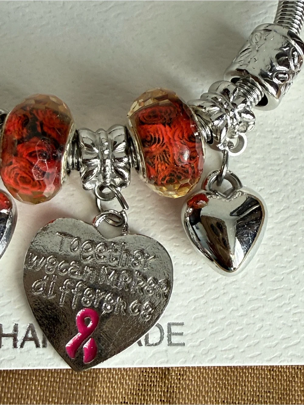 Mint Silver-Tone Charm Bracelet with Orange Glass Beads and Pink Ribbon Heart